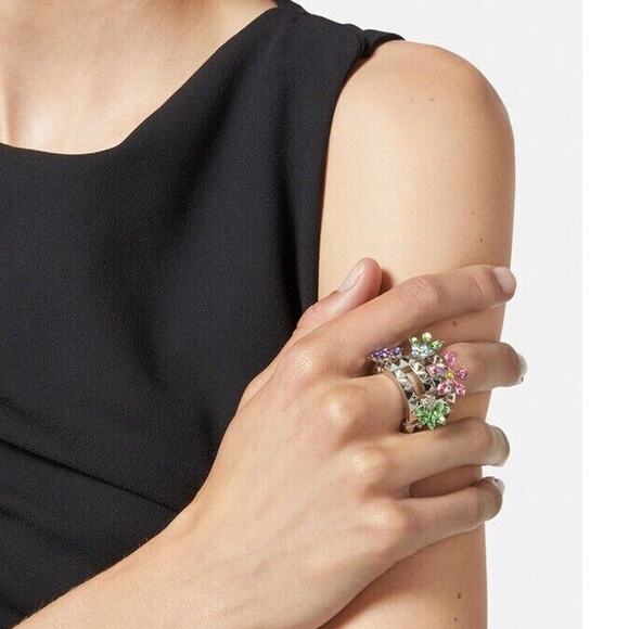 NIB Versace Silver Tone Ring 15 US 7 Greca Multi Color Crystal Flower Bloom $675 - Picture 2 of 14